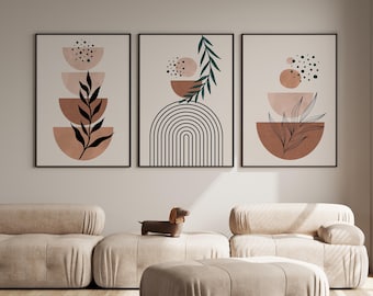Boho Abstract Set of 3 Prints | Mid Century Wall Art | Geometric Wall Decor | Modern Home Prints | Botanical Line Art | Boho Wall Art