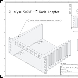Peut inclure: Schéma technique d'un adaptateur de rack 2U Wyse 5070E 10". Le diagramme comprend des dimensions en millimètres, des fentes latérales pour la ventilation et des détails sur les prises keystone. L'adaptateur s'adapte aux mini-racks de 10".