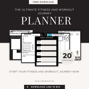 May include: A fitness planner with the text "PLANNER" in large letters. The planner includes sections for goals, habit tracking, and weekly meal planning. The image also includes the text "FREE DOWNLOAD" and "20+ STRATEGIES".