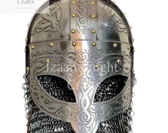 Handcrafted Viking Helmet: Steel Battle Armor with Chainmail & Stand