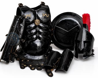 May include: A complete set of black armor, including a breastplate, shield, helmet, and arm guards. The breastplate features gold accents and a lion emblem. The helmet has a red plume. The armor is designed for historical reenactment or display.