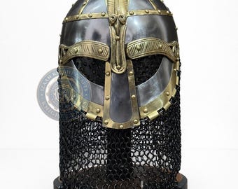 Handcrafted Gjermundbu Viking Helmet | Steel & Brass Armor with Chainmail