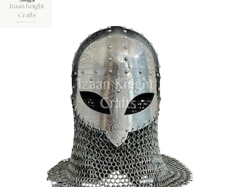 Medieval Etched Steel Viking Helmet With Chainmail/Warrior Armor Helmet LARP, Cosplay & Collectible Replica