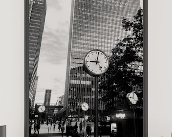 Black and White London Canary Wharf Clock Photography Modern City Architecture Printable Minimal Urban Office UK Decor Cityscape Wall Art