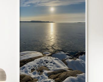Scandinavian Landscape Print Nordic Nature Wall Art Frozen Lake Winter Sun Reflection Minimalist Scandinavian Calm Home Decor
