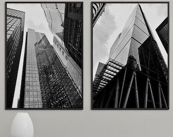 Zestaw 2 czarno-białych, nowoczesnych, minimalistycznych zdjęć z wieżowcami w Londynie do druku w Wielkiej Brytanii, monochromatyczna sztuka ścienna, wystrój podróży w Wielkiej Brytanii