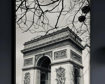 Arc de Triomphe Paris Printable Black and White Wall Art, Historic Architecture Monochrome Photography, France Minimalist Travel Decor