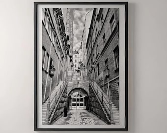 Historyczne schody w Sztokholmie, czarno-białe, wydrukowane, detale architektoniczne, minimalistyczny styl nordycki, monochromatyczna sztuka ścienna, wystrój podróży do Szwecji