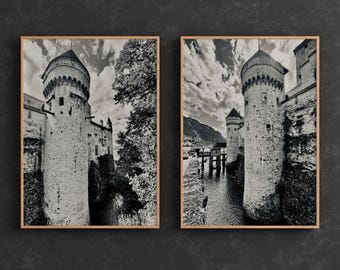 Zestaw 2 historycznych czarno-białych obrazów ściennych z motywem zamku – Zamek Chillon, Jezioro Genewskie, odbitki fotograficzne z szwajcarskim zamkiem, dekoracja podróżna w stylu sztuki