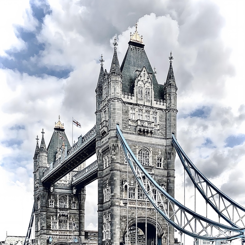 Tower Bridge Historic London Printable Wall Art Black White Modern Monochrome Cityscape, Architecture Photography, UK Landmark Travel Decor image 1