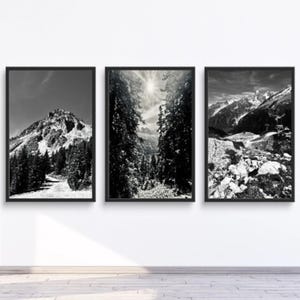 スイスアルプスの白黒風景壁掛けアート、山のモノクロ三連画プリント、ミニマリスト写真、ヨーロッパ旅行装飾