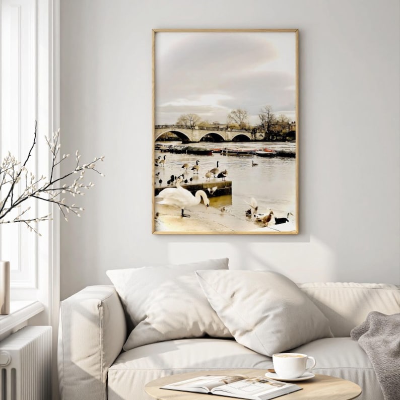 Historic London Richmond Bridge Wall Art - Golden Light River Thames Scene Print, Tranquil River Photography, UK Landscape Travel Decor image 2