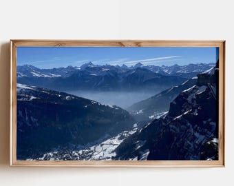Swiss Alps Winter Landscape Print, Panoramic Mountain Wall Art, Alpine Valley Photography