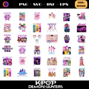 Peut inclure: Une collection de designs numériques sur le thème de la K-Pop. Les illustrations présentent des personnages, des logos et des éléments textuels tels que "HUNTRAX", "SATABOYS" et "KPOP DEMON HUNTERS". L'image affiche également le texte "PNG - SVG - DXF - EPS" et "1200+ DESIGN".