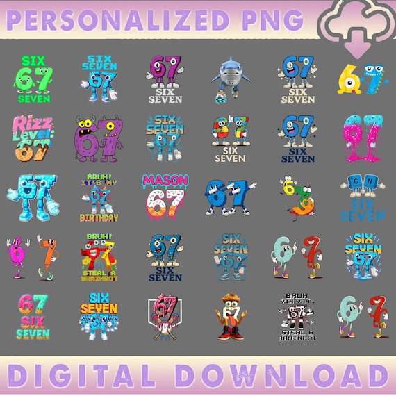 Steal a Brainrot Six Seven Italian Brainrot Kids Gaming Meme PNG Bundle, Baseball Number, Six Seven Ice Cream Drip 67 Meme Gen Alpha Slang