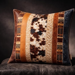 Western Patchwork Pillow Cover, Cowhide Faux Fur Pillow, Faux Leather Cushion Cover, Rustic Ranch Decor, Southwestern Accent Pillow