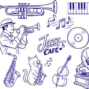 Pacchetto di clipart jazz disegnate a mano SVG PNG / Line art musicale, set di illustrazioni jazz retrò