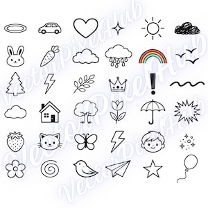 May include: A collection of black and white line art illustrations of various objects and symbols. Includes a heart, star, sun, cloud, rabbit, carrot, tree, lightning bolt, house, flower, cat, butterfly, bird, and more.