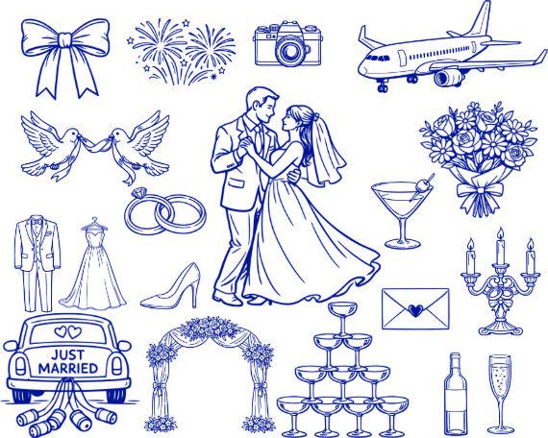 Hand Drawn Wedding Clipart Bundle SVG PNG | Wedding Line Art, Bride ...