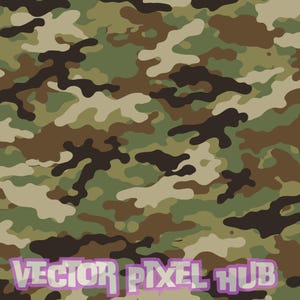 May include: Camouflage pattern in shades of green, brown, and tan. The design features irregular shapes and splotches, creating a classic military-inspired aesthetic. The text "VECTOR PIXEL HUB" is visible at the bottom.