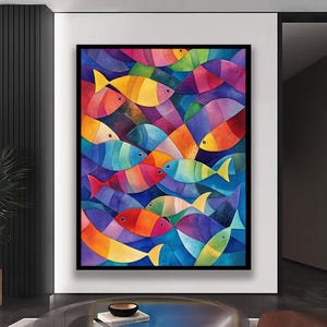 Quadro su tela con pesci, stampa scolastica geometrica colorata su cotone incorniciato