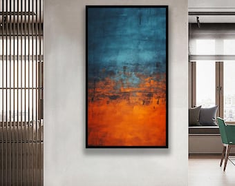 Abstract Wall Art Canvas, Modern Blue and Orange Textured Painting for Living Room, Contemporary Minimalist Home Decor Artwork