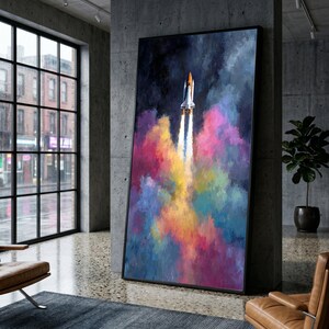 Space Shuttle Launch Canvas, Colorful Smoke Wall Art, Modern Space Exploration Canvas, Abstract Rocket Painting, Vibrant Home Decor, Ready