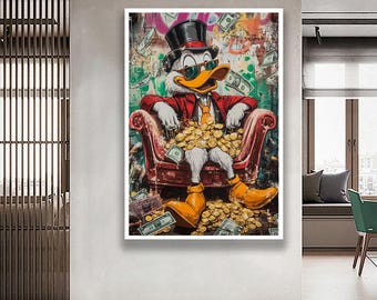 Luxury Graffiti Duck Canvas, Wealth Money Chair Pop Art Print, Colorful Street Decor