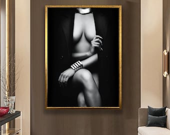 Lienzo de mujer sexy en blanco y negro, arte mural de moda de lujo, impresión de modelo femenina sensual