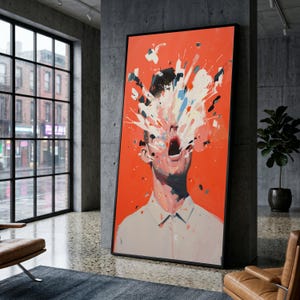 Abstract Exploding Head Canvas Wall Art, Modern Expressionism Painting, Bold Orange Background, Contemporary Art Print, Unique Home Decor