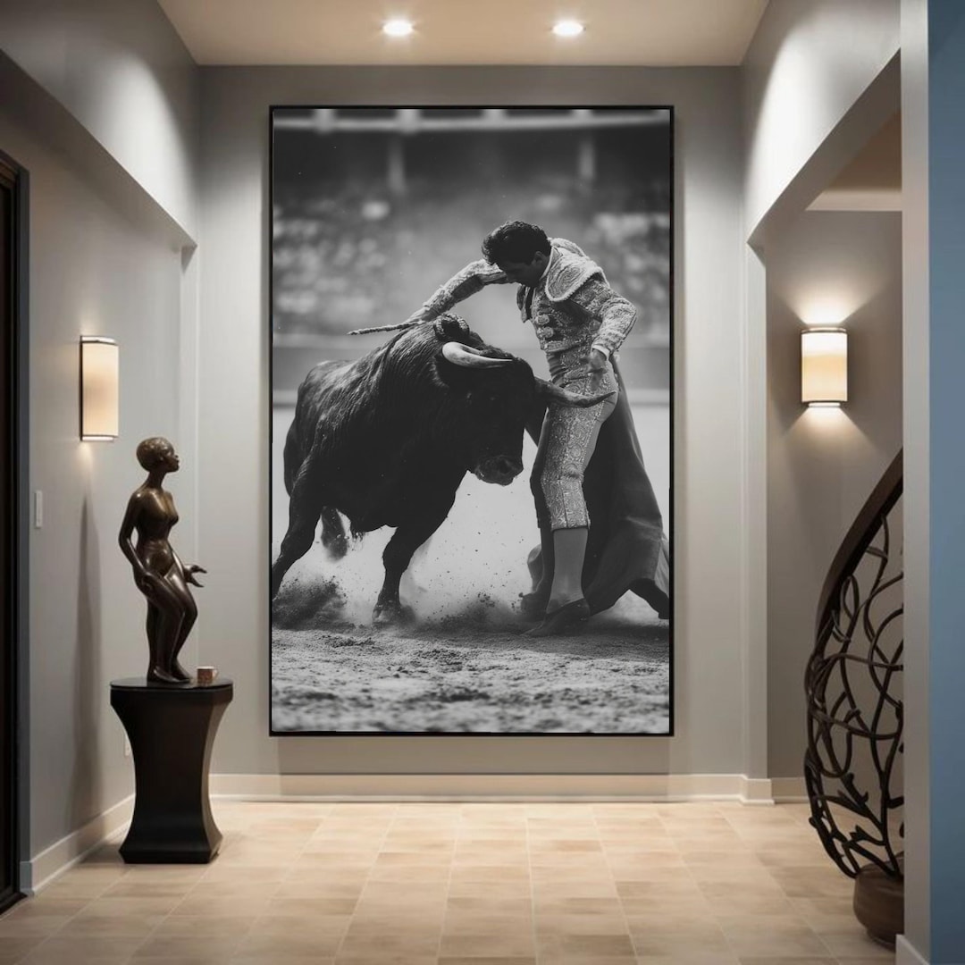Classic Bullfighting Scene, Matador and Bull Canvas, Black and White ...