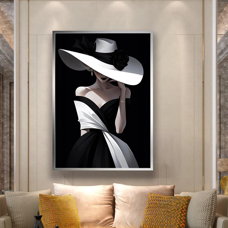 Elegant Woman in Black and White Hat Wall Art, Modern Fashion Lady ...