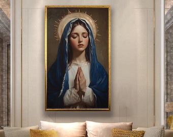 Français : Vierge Marie, peinture à l'huile, toile, art mural, impression de portrait de la mère Marie, décoration d'intérieur catholique, art de prière chrétienne