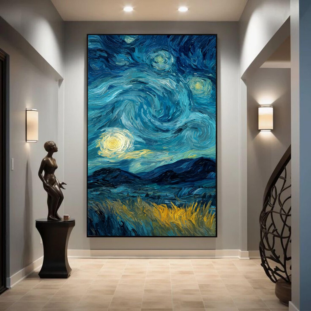 Starry Night Inspired Canvas Wall Art, Abstract Night Sky Painting ...