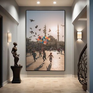 Joyful Children with Balloons, Sunset Urban Scene Canvas, Mosque Background Wall Art, Playful Kids Outdoors, Vibrant City Life Canvas