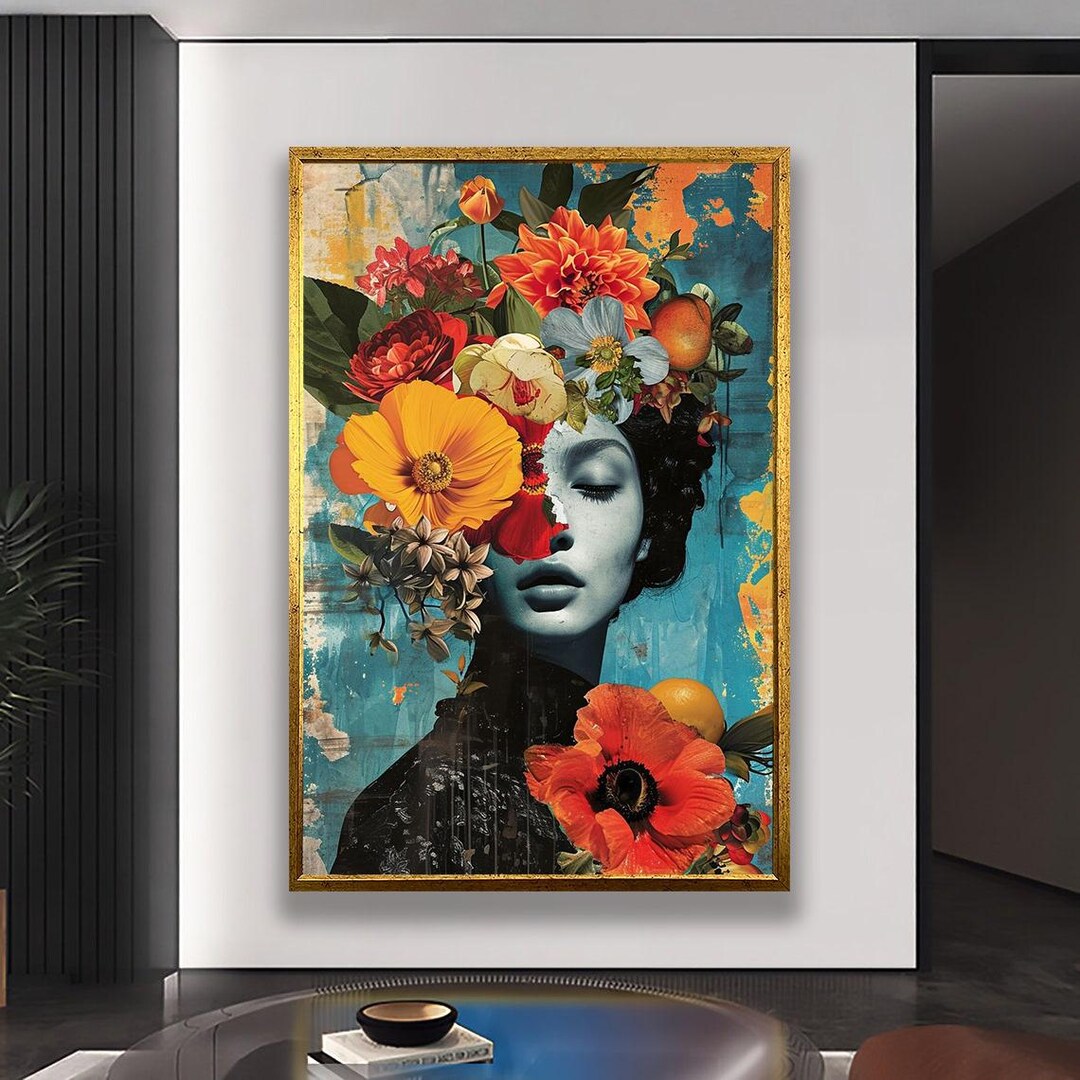 Modern Floral Woman Portrait Wall Art, Colorful Abstract Face Painting ...