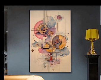 Puede incluir: Impresión artística abstracta que presenta una compleja disposición de engranajes y elementos mecánicos en tonos amarillos, rosas y azules. La obra enmarcada cuelga de una pared gris, con una lámpara dorada y un sofá amarillo visibles.