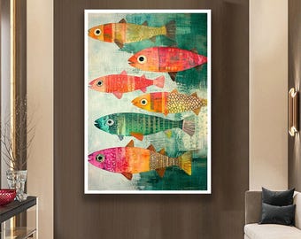 Colorful Sardines Canvas Art - Eclectic Kitchen Wall Decor - Whimsical Fish Painting