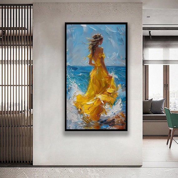 lady in the yellow dress painting Woman by Sea Wall Art, Impressionist Ocean Painting, Romantic Coastal Canvas Artwork famous lady painting