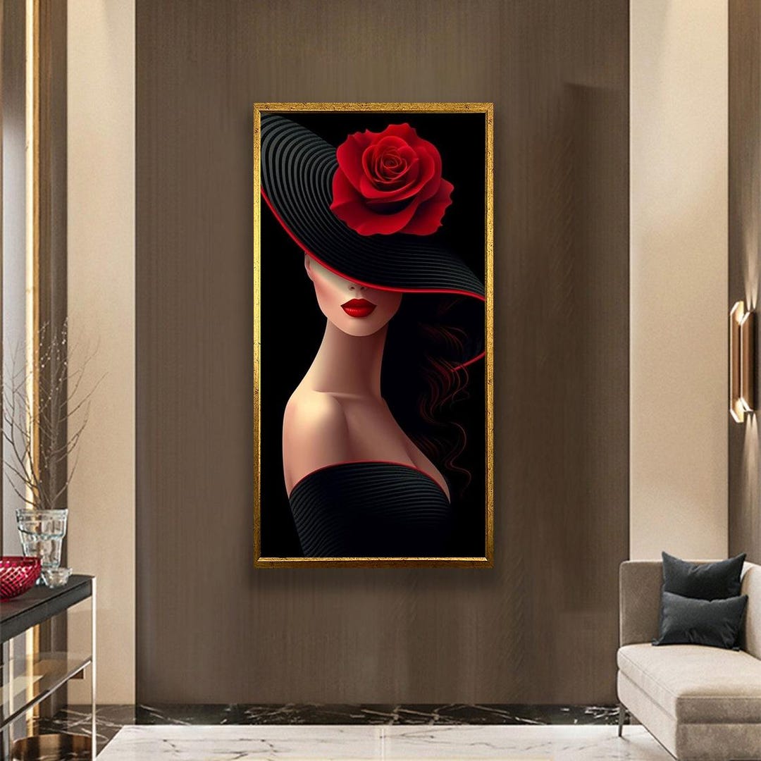 Elegant Woman With Red Rose Hat Canvas - Modern Fashion Wall Art - Etsy