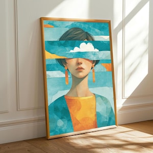 May include: A watercolour painting of a woman with short dark hair and orange earrings. The artwork features horizontal bands of blue and orange, with a cloud-like shape obscuring the eyes. The woman wears a yellow top and a teal jacket, framed in a gold wooden frame.