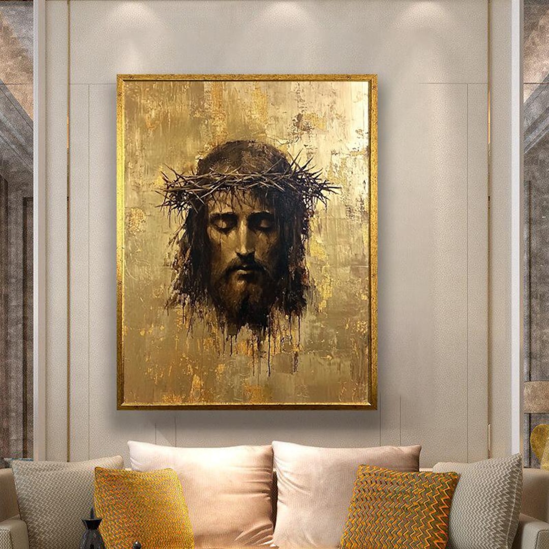 Jesus Christ With Crown of Thorns Oil Painting Canvas, Golden Religious ...