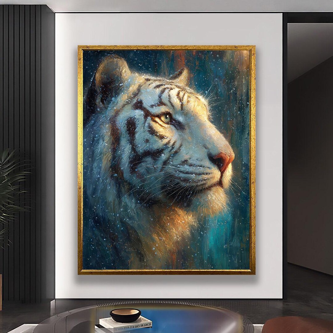 Majestic White Tiger Canvas Wall Art, Textured Oil Painting Style Print ...