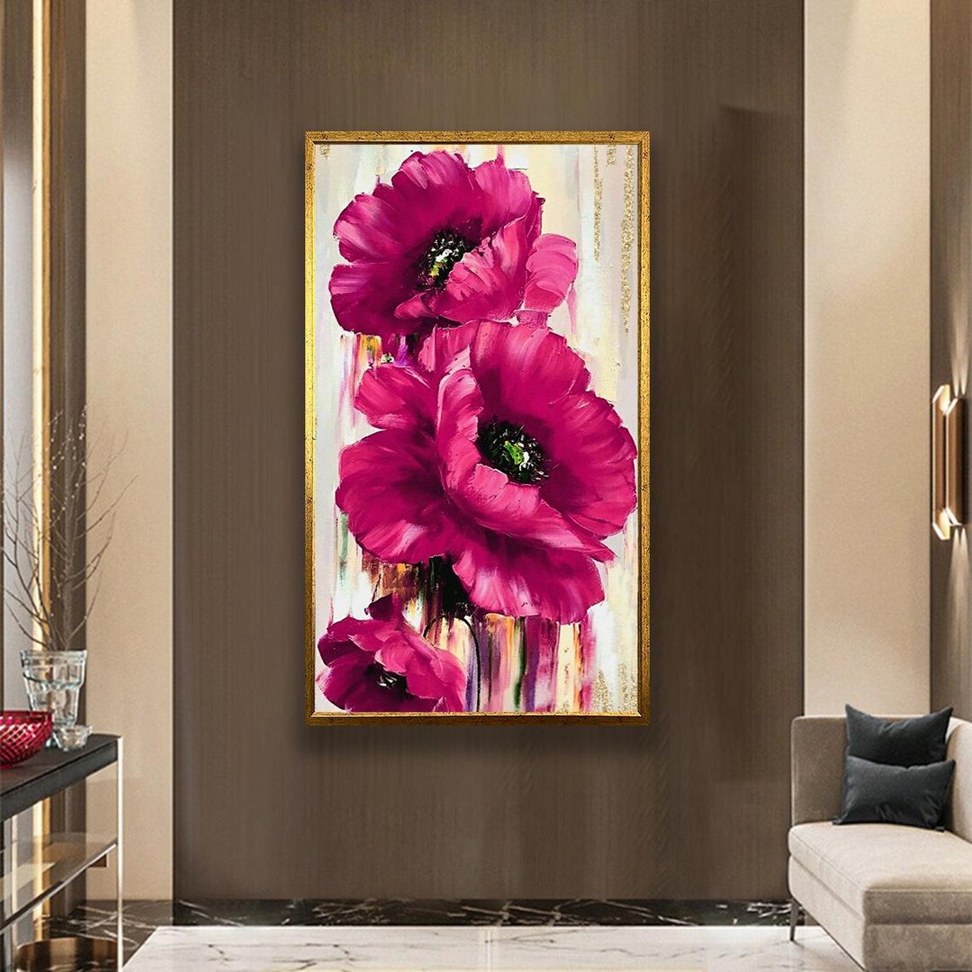 Modern Pink Flower Wall Art, Large Floral Canvas Painting, Elegant ...