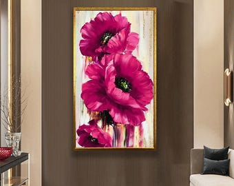 Moderne roze bloemmuurkunst, groot bloemencanvasschilderij, elegante botanische kunstwerken