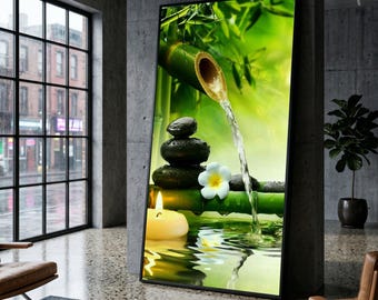 Zen Spa Bambu Vattenfall Canvas, Avkopplande Stenhög Väggkonst, Lugn Naturscen, Wellness & Meditation Dekor, Lugn Spa Atmosfär Canvas