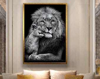Lienzo decorativo de pared con majestuoso león y cachorro, retrato animal en blanco y negro para sala de estar, decoración moderna de safari para el hogar