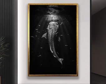 ジンベイザメのシルエットキャンバス、白黒海洋壁アート、海洋生物の