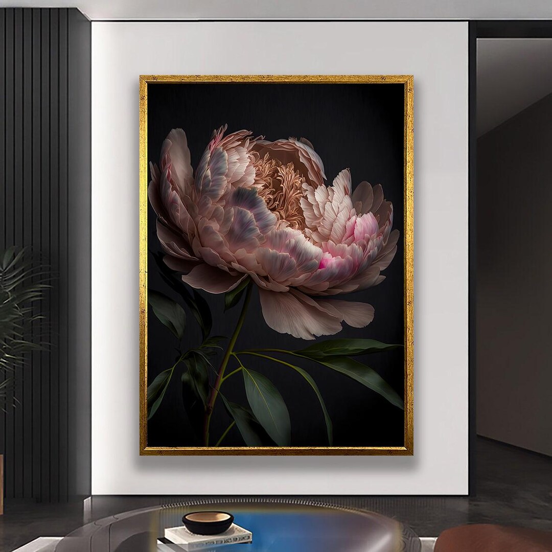 Dark Moody Peony Canvas Wall Art, Large Framed Floral Print, Elegant ...