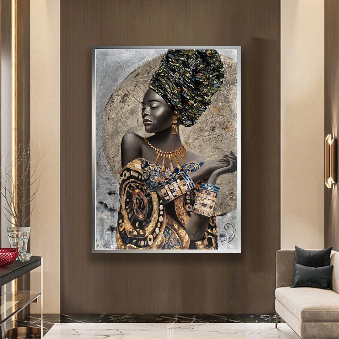Elegant African Woman Wall Art With Gold Accents – Modern Black Woman ...